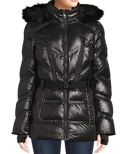 Women's Faux Fur Hooded Shiny Puffer Belted Coat Jacket Black, Black, S