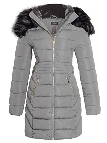 Womens Faux Fur Quilted Padded Parka Coat Grey