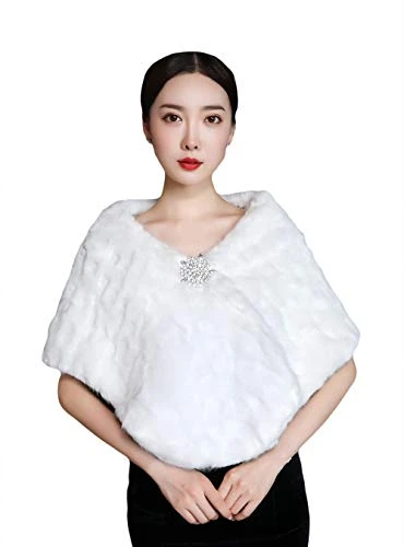 Womens Faux Fur Shawl Wrap Wedding Cover Up Bridal Cape Stole Ivory White