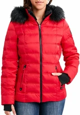 Womens Faux Fur Trim Hooded Midweight Puffer Jacket, Red, Medium Womens Faux Fur Trim Hooded Midweight Puffer Jacket, Red, Medium