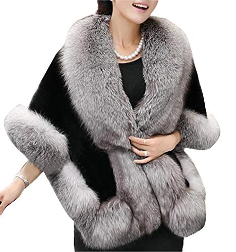 Women's Faux Fur Wrap Shawls Winter Warm Bridal Wedding Party Jacket Coat Grey Black
