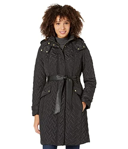 Women's Faux Leather Belted Quilted Signature Coat, Black