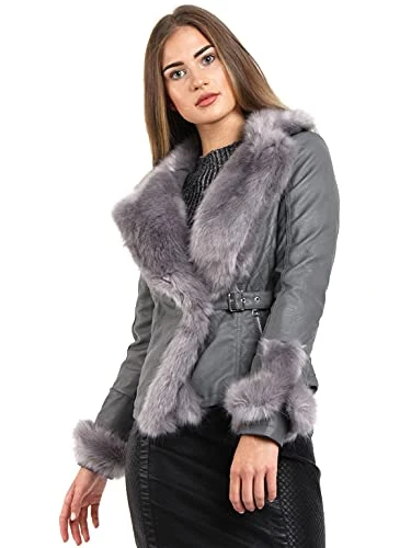 Womens Faux leather Biker Jacket with Faux Fur (10, Grey)