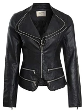 Womens Faux Leather Biker Jacket Zip Collar Black