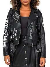 Womens Faux leather Graffiti Biker Jacket Rocker