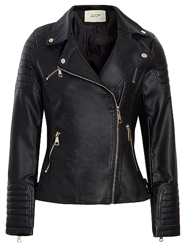 Womens Faux Leather Quilt Biker Jacket Black