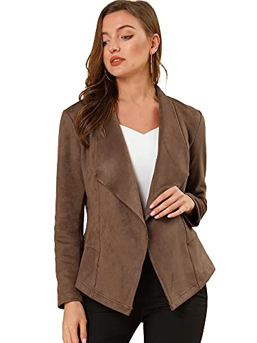 Women's Faux Suede Jacket Open Front Lapel Draped Outwear Cardigan Light Brown M