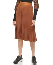 Women's Faux Suede midi Pleated Skirt, Roasted Pecan Brown, XXS