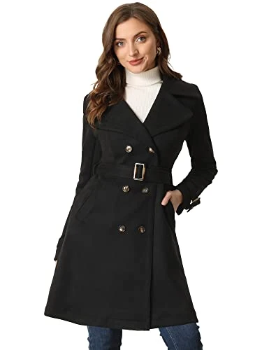 Women's Faux Suede Notched Lapel Strap Cuff Solid Double Breasted Tie Belt Trench Coat Black M