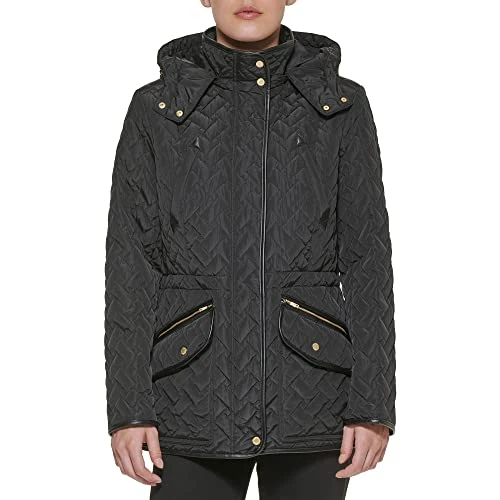 Womens Faux Trimmed Quilted Signature Coat, Black, XS