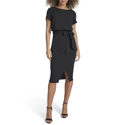 Women's Faux Wrap Crepe Scuba Dress, Black, 10