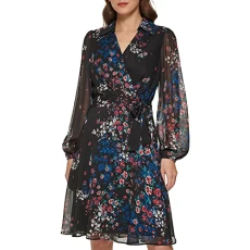Women's Faux Wrap Dress, Rose Bud Black Multi, 18 Women's Faux Wrap Dress, Rose Bud Black Multi, 18
