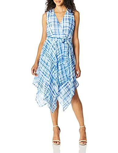 Women's Faux Wrap Dress with Handkerchief Hem, Admiral Multi, 14