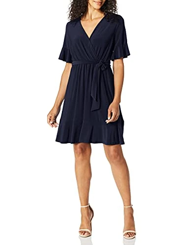 Women's Faux Wrap Dress with Ruffle Detail, Navy, 12