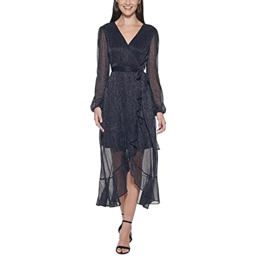 Women's Faux Wrap Shimmer Crinkle V-neck Midi Dress Casual, Blue/Black, 12
