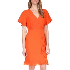 Womens Faux Wrap Short Mini Dress, Optic Orange, M