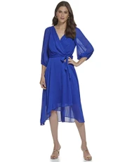 Women's Faux Wrap V-Neck 3/4 Balloon Sleeves Asymetric Hemline Midi Dress Lurex Stripes, Deep Cobalt/Silver, UK 4