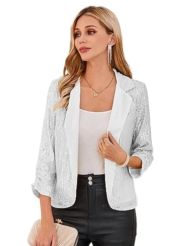 Womens Festival Outfit Short Open Blazer Jackets 3/4 Sleeve Silver Sequin Jackets for Party 2XL
