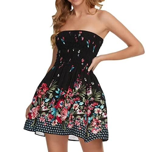 Women's Festive Elegant Vintage Dresses Women's Summer Dress with Wrap Print Women's Strapless Floral Bohemian Beach Chest Women's Casual Dress Sheath Dress, black, XXL