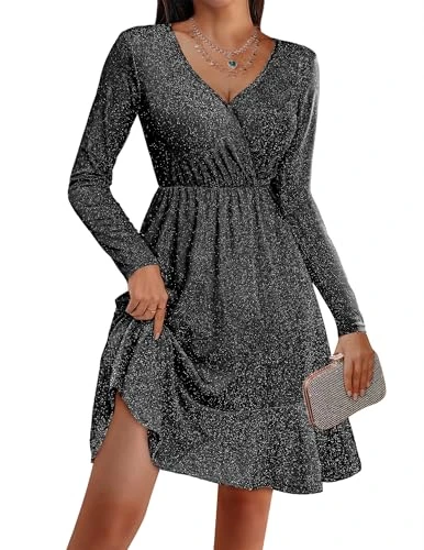 Women's Festive Sequin Dress, Elegant Long Sleeve Party Dress, V-Neck Ruffle Hem, Glitter Dress, Sparkly Midi Dress, Cocktail Dress, Ball Dress, Winter Dress, black, L