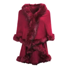 Women's Fine Knit Cape Cardigan with Faux Fur Trim Layers Poncho (Red),One Size
