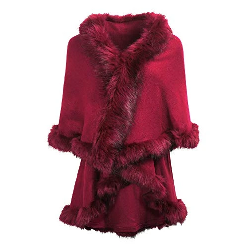 Women's Fine Knit Cape Cardigan with Faux Fur Trim Layers Poncho (Red),One Size