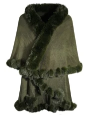 Women's Fine Knit Cape Cardigan with Faux Fur Trim Layers Poncho(Plain Army Green)