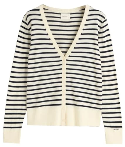 Women's Fine Knit Striped Cardigan Sweater, Cream, XXL