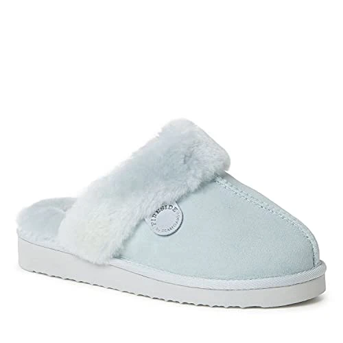 Women's Fireside Sydney Shearling Fur Indoor/Outdoor Scuff Slipper with Wide Widths, Bluewash, 9.5 W