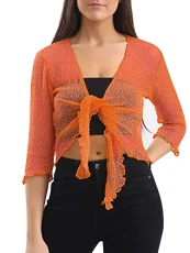 Women’s Fish Net Knitted Tie Up Bolero Shrug Top Ladies 3/4 Sleeve One Size Fits All Orange Women’s Fish Net Knitted Tie Up Bolero Shrug Top Ladies 3/4 Sleeve One Size Fits All Orange
