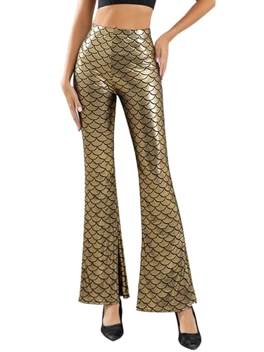 Women's Fish Scale Printed Leggings Sparkle Flared Pants High Waist Trousers Wide Leg Pants Metallic Dance Tights Gold L