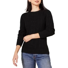 Women's Fisherman Cable Long-Sleeved Crewneck Sweater (Available in Plus Size), Black, M