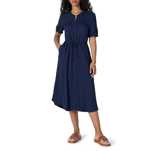 Women's Fit and Flare Half leeve Waisted Midi A ine Dress with Pockets, Navy, L