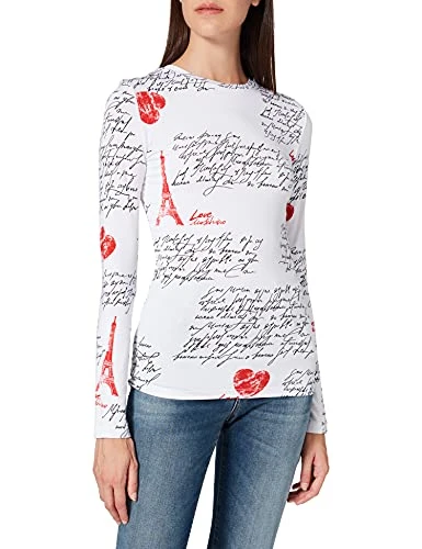 Women's Fitted Long-Sleeved T-Shirt in Soft Stretch Viscose Jersey with All-Over Calligraphy Print, 