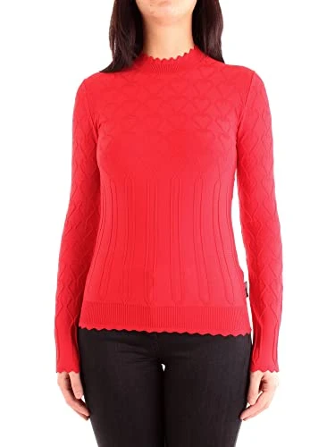 Women's Fitted Pullover with Long Sleeves,Collar, Cuffs and Bottom Hem Feature a Textured Edge Sweater, red, UK 20