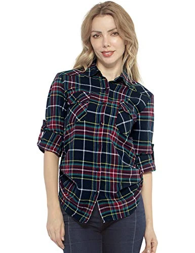 Womens Flannel Plaid Blouses Long Sleeve Shacket Women Casual Checked Ladies Shirts with Pockets (Ch