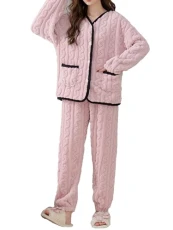 Women's Flannel Pyjama Set Button Down Shirt with Wide Leg Pants Warm Sleepwear Home Wear Pink XXL Women's Flannel Pyjama Set Button Down Shirt with Wide Leg Pants Warm Sleepwear Home Wear Pink XXL