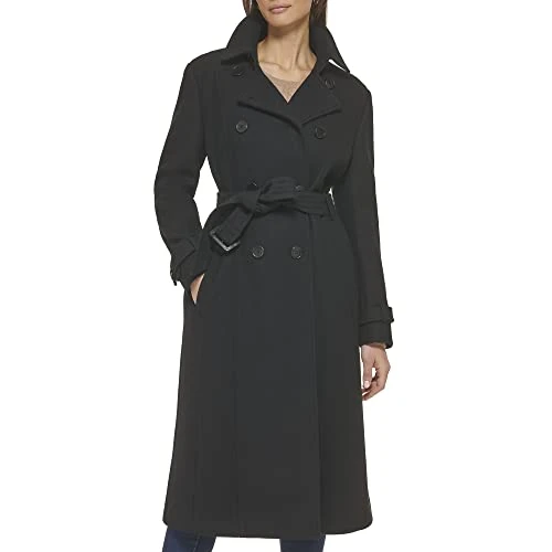 Women's Flared Trench Slick Wool Coat, Black, 8