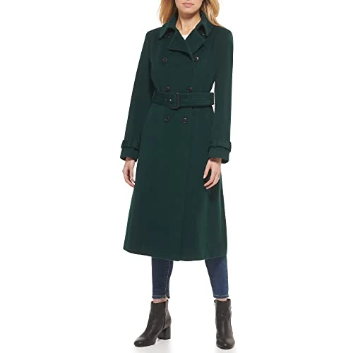 Women's Flared Trench Slick Wool Coat, Forest, 12