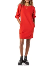 Women's Fleece Blouson Sleeve Boatneck Sweatshirt Dress (Available in Plus Size), Red, M