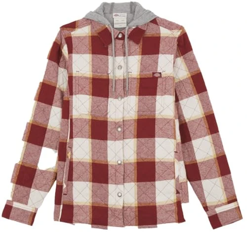 Women's Fleece Hooded Flannel Shirt Jacket, Fired Brick Camp Plaid, S