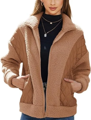 Women's Fleece Jacket Zip Up Fleece Jacket Lightweight Quilted Boyfriend Sherpa Shacket Jacket Coat