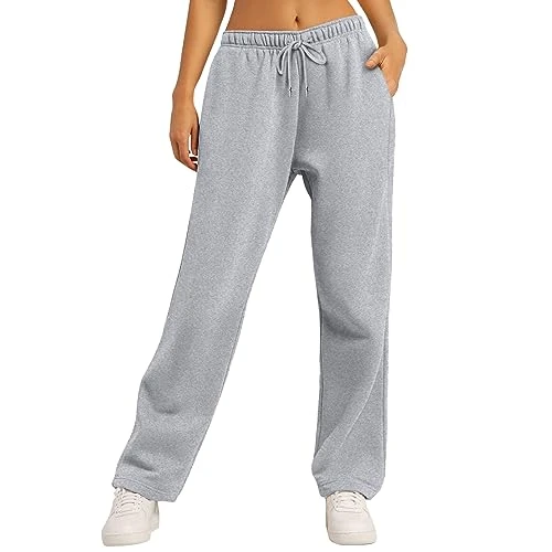 Womens Fleece Joggers Sweatpants Drawstring Waist Winter Warm Athletic Jogger Fleece Pants Straight Leg Tracksuit Bottoms Cargo Trousers with Pockets (2-Silver, M)