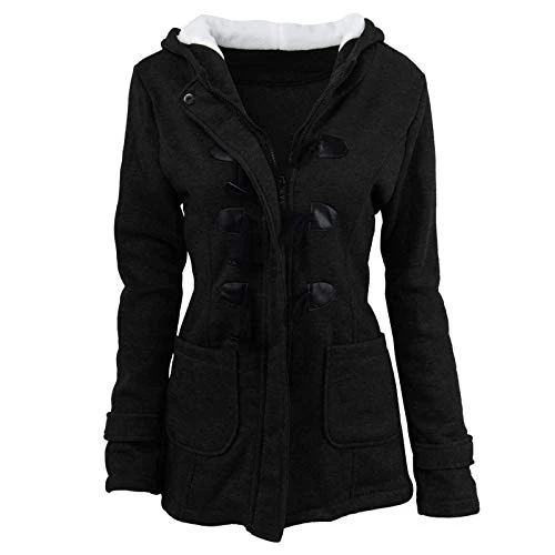 Women's Fleece Lined Jacket Long Hooded Trench Coats Fashion Horn Buttons Jacket Long Sleeve Plain J