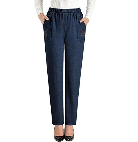 Women’s Fleece Lined Jeans Embroidery Elastic Waist Loose Long Denim Pant (UK 18, Blue)