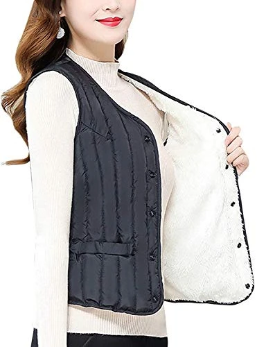 Women's Fleece Lined Quilted Puffer Vest Single Breasted Sleeveless V Neck Waistcoat (UK 12, Black)