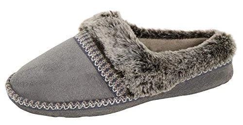 Womens Fleece Lined Slip On Mule Slippers Stitched Trim Grey Small