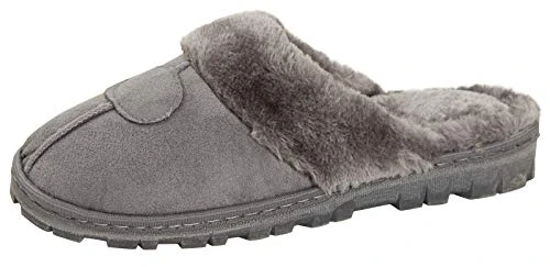 Womens Fleece Lined Slip On Mule Slippers Strong Sole Grey Large