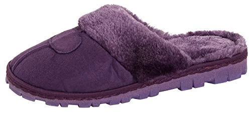 Womens Fleece Lined Slip On Mule Slippers Strong Sole Purple Small