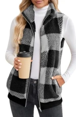 Women's Fleece Plaid Vest Outerwear Sleeveless Lightweight Zip Jackets Warm Soft Vests with Pockets Stand Collar Quilted Grey L